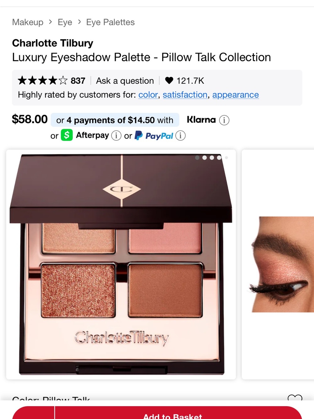 Charlotte Tilbury Pillow Talk Eyeshadow Quartet — Pink, Bronze, Rose Gold
